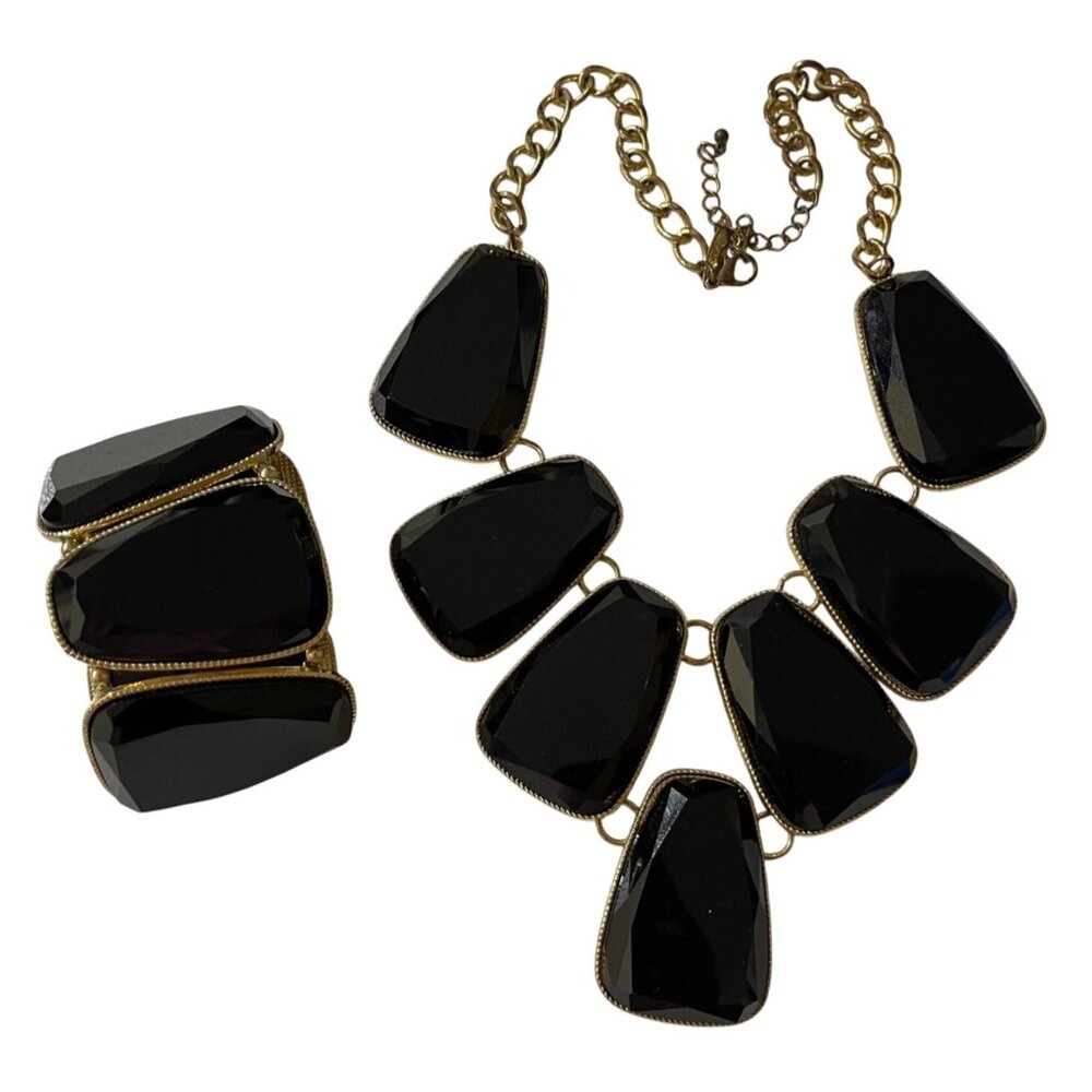 Statement Necklace & Bracelet Bib Stone Chunky Gold Tone New York